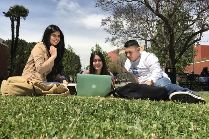 Students Look at Computer on the Grass Outside of the Career Center